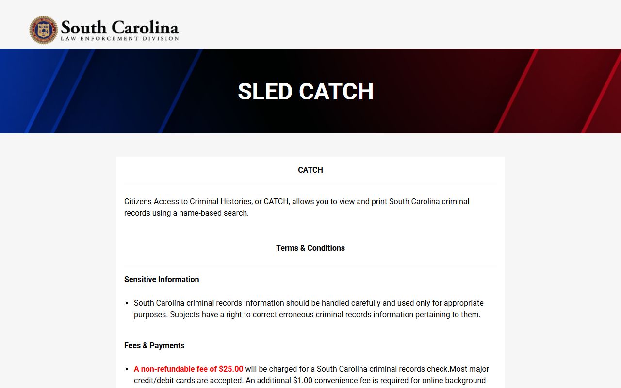 McCormick County arrest records SLED CATCH criminal history source