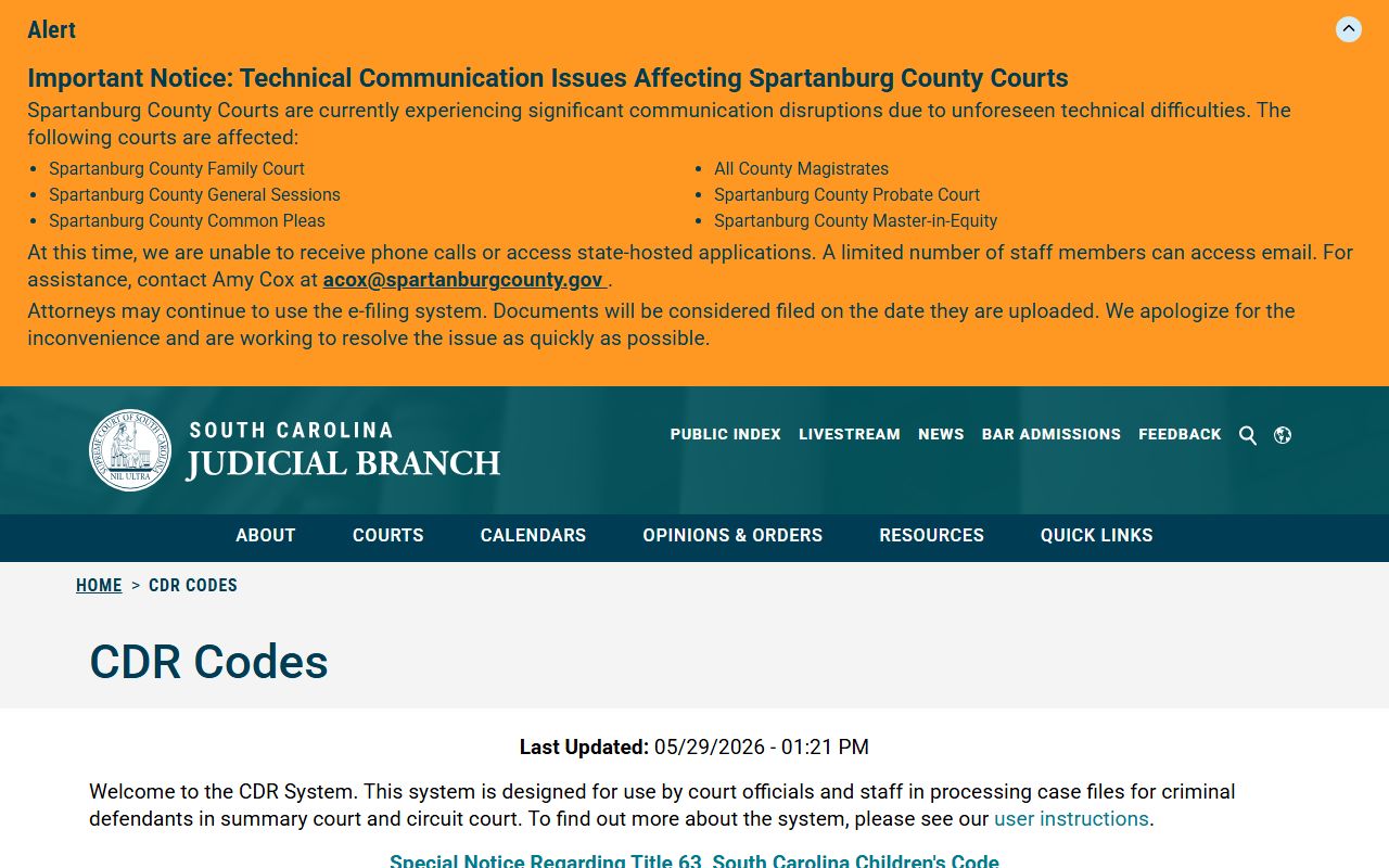 McCormick County criminal court records CDR charge code lookup source