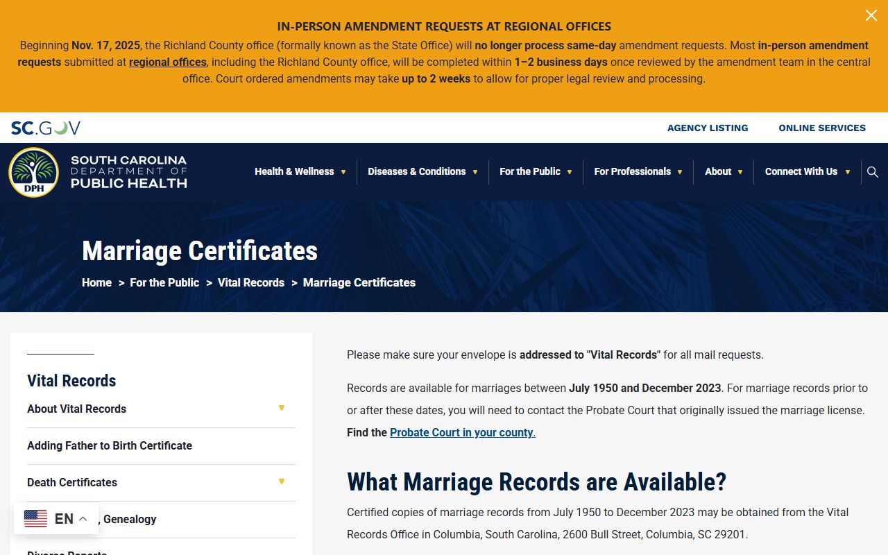 McCormick County marriage records certificate request information