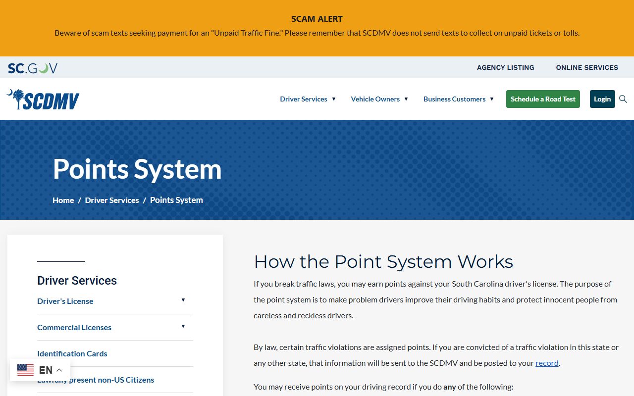McCormick County traffic court records SCDMV points system source